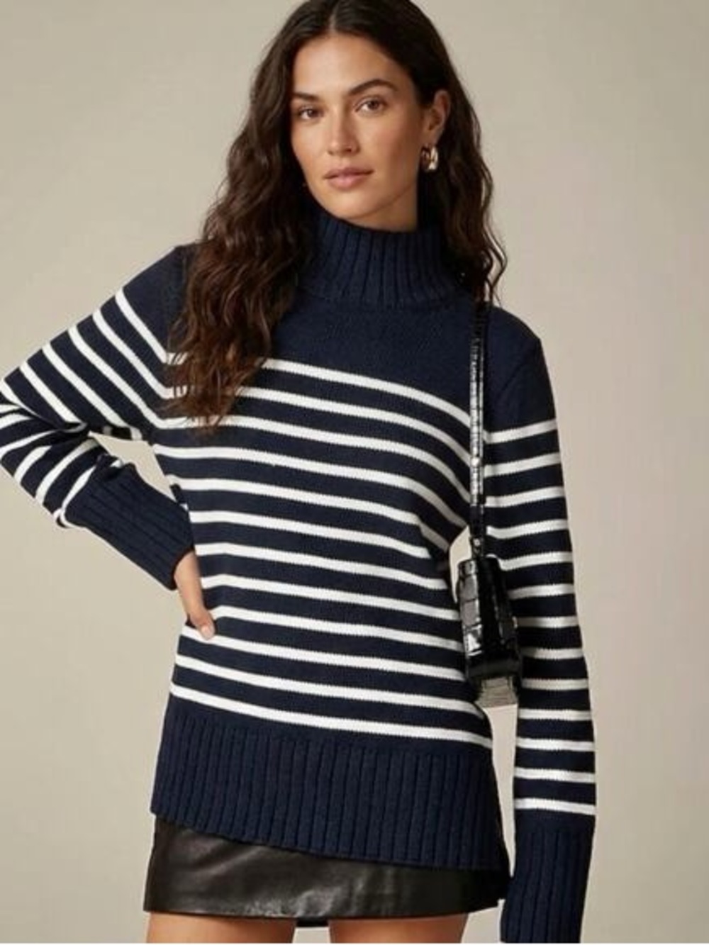 J. Crew Navy and White Striped Turtleneck Sweater